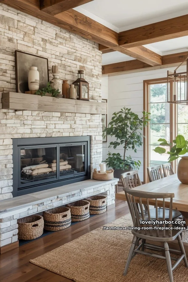 double-sided fireplace dividing living and dining areas with wicker baskets underneath 1
