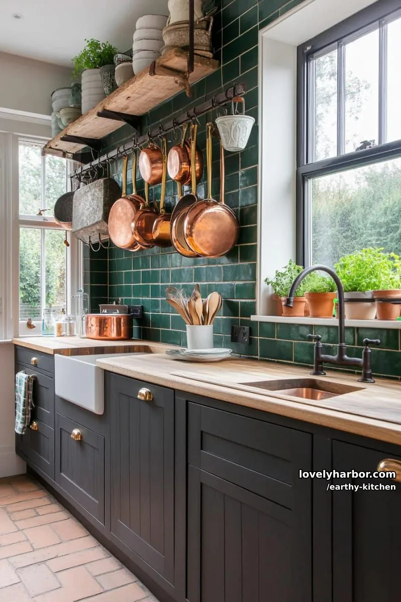 dramatic dark earthy kitchen with moody lighting and vintage copper cookware 1