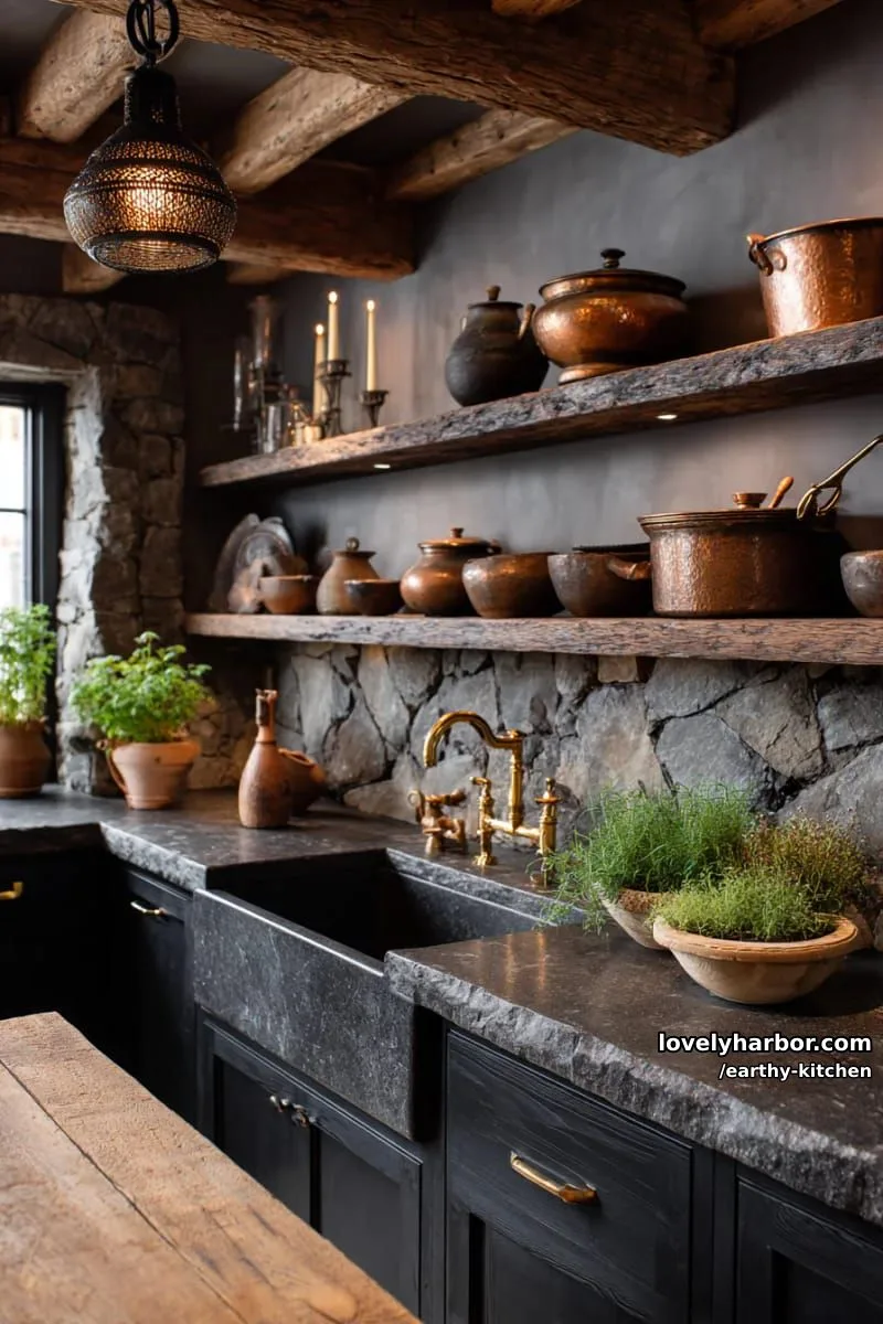 dramatic dark earthy kitchen with moody lighting and vintage copper cookware 1