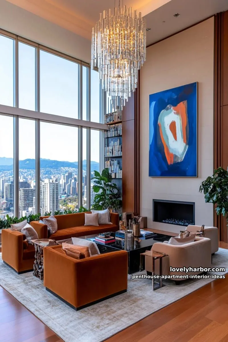 29 Stunning Penthouse Apartment Interior Design Ideas for a Fresh New Look 3 dramatic double-height living room with panoramic city skyline views 1
