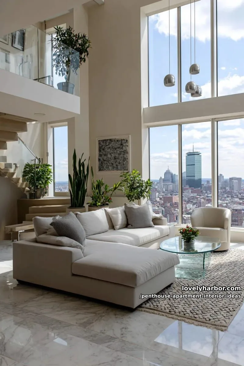 29 Stunning Penthouse Apartment Interior Design Ideas for a Fresh New Look 4 dramatic double-height living room with panoramic city skyline views 1