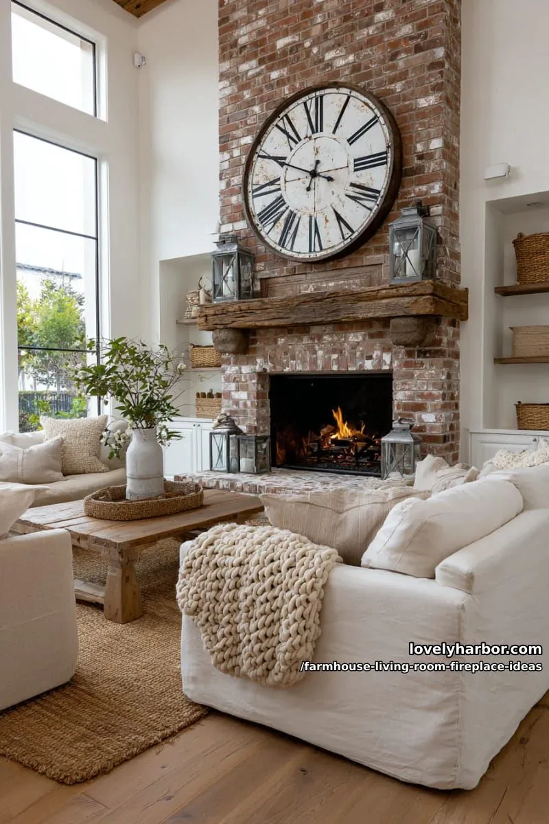 dramatic floor-to-ceiling brick fireplace with antique clock centerpiece 1
