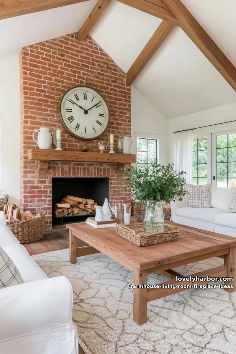 dramatic floor-to-ceiling brick fireplace with antique clock centerpiece 1