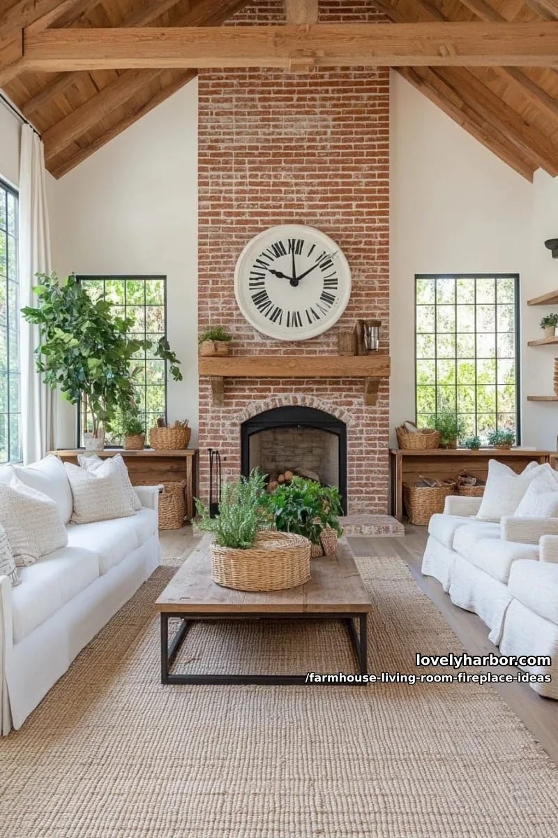 dramatic floor-to-ceiling brick fireplace with antique clock centerpiece 1