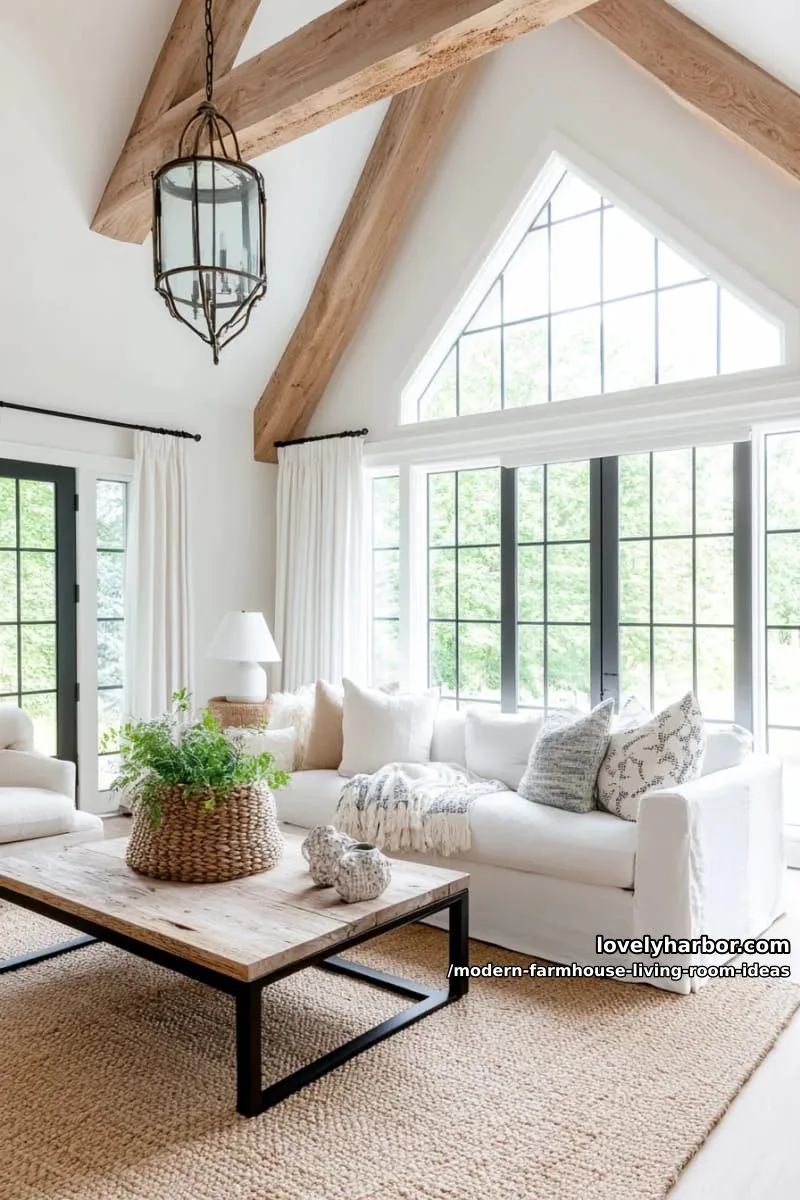 15 Modern Farmhouse Living Room Ideas for a Fresh Atmosphere 30 dramatic floor-to-ceiling windows framed by light linen drapes 1