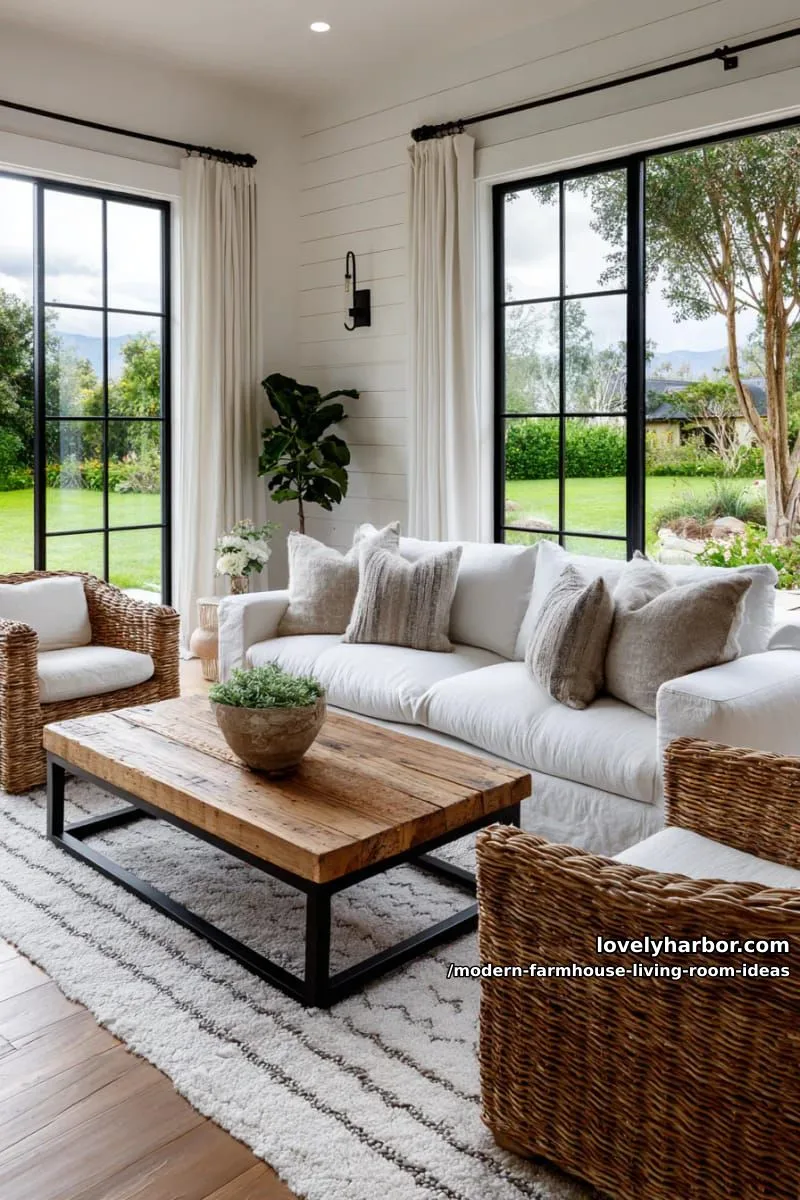 15 Modern Farmhouse Living Room Ideas for a Fresh Atmosphere 31 dramatic floor-to-ceiling windows framed by light linen drapes 1