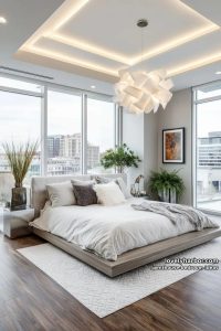 27 Modern Penthouse Bedroom Ideas That Wow 1 dramatic geometric ceiling with ambient led strips and a sculptural pendant light 14