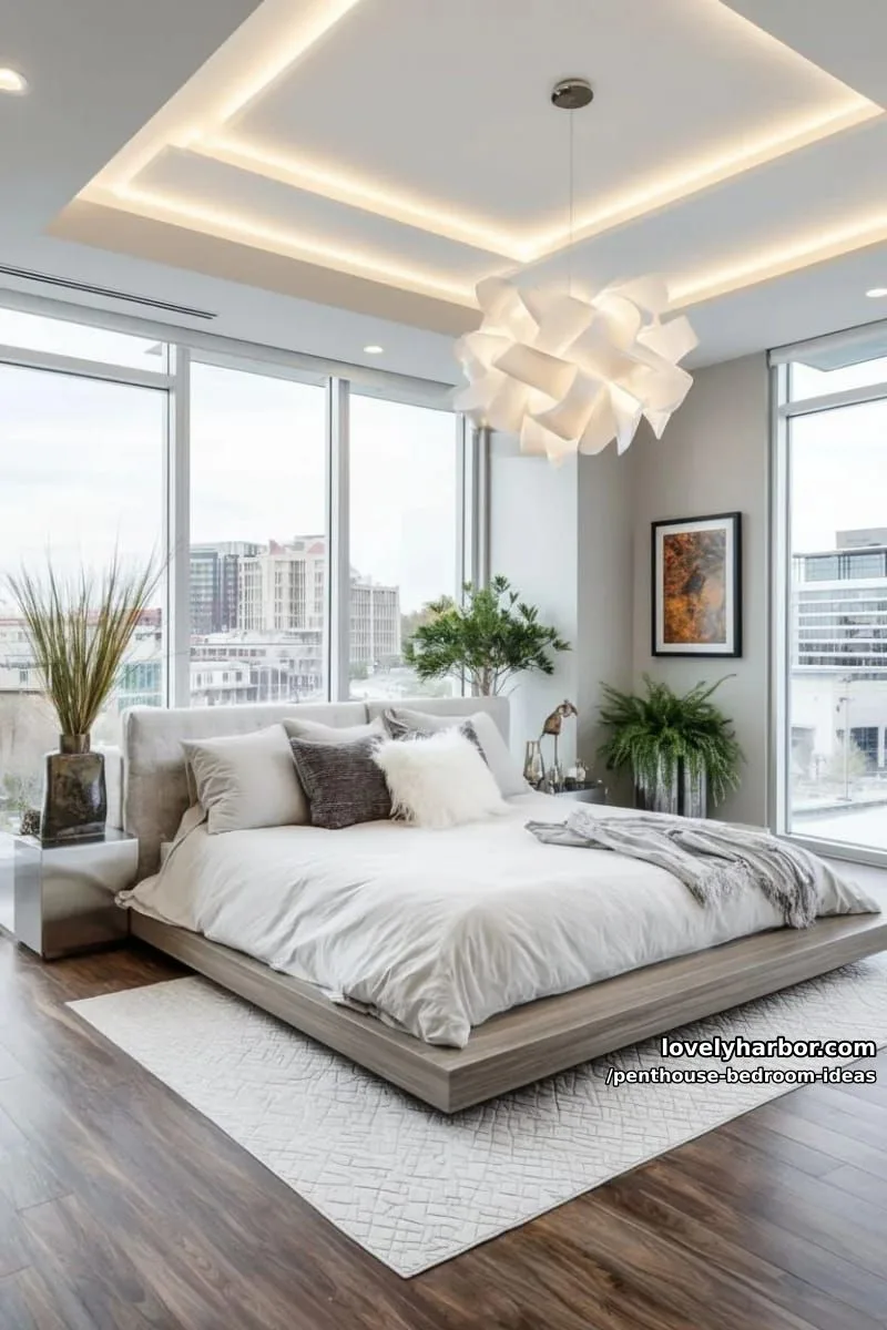dramatic geometric ceiling with ambient led strips and a sculptural pendant light 1