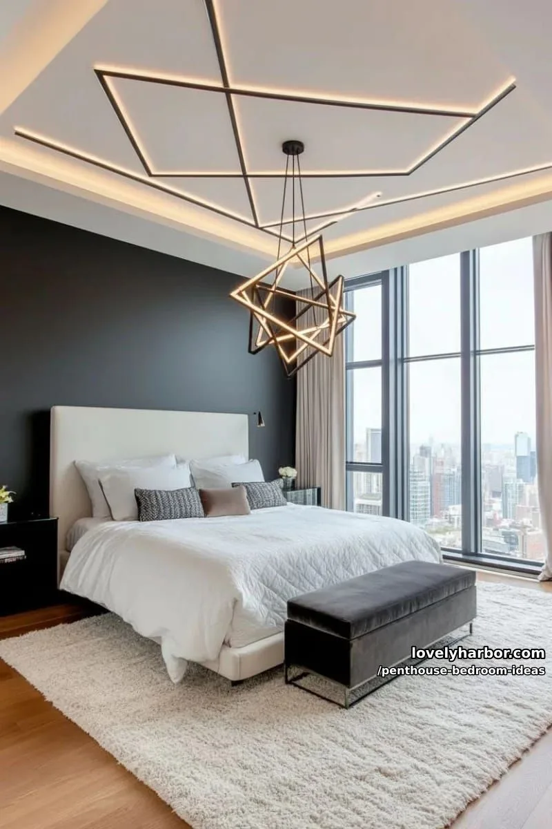 dramatic geometric ceiling with ambient led strips and a sculptural pendant light 1