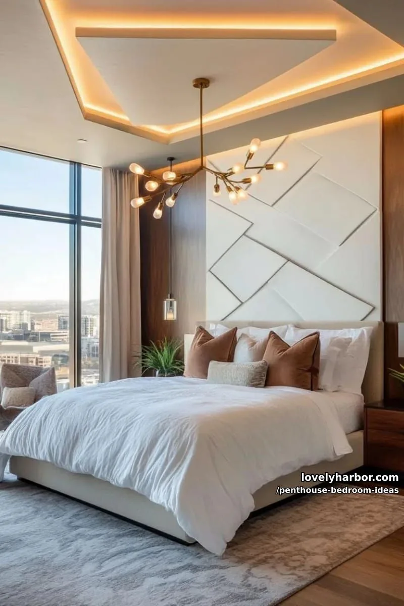 dramatic geometric ceiling with ambient led strips and a sculptural pendant light 1