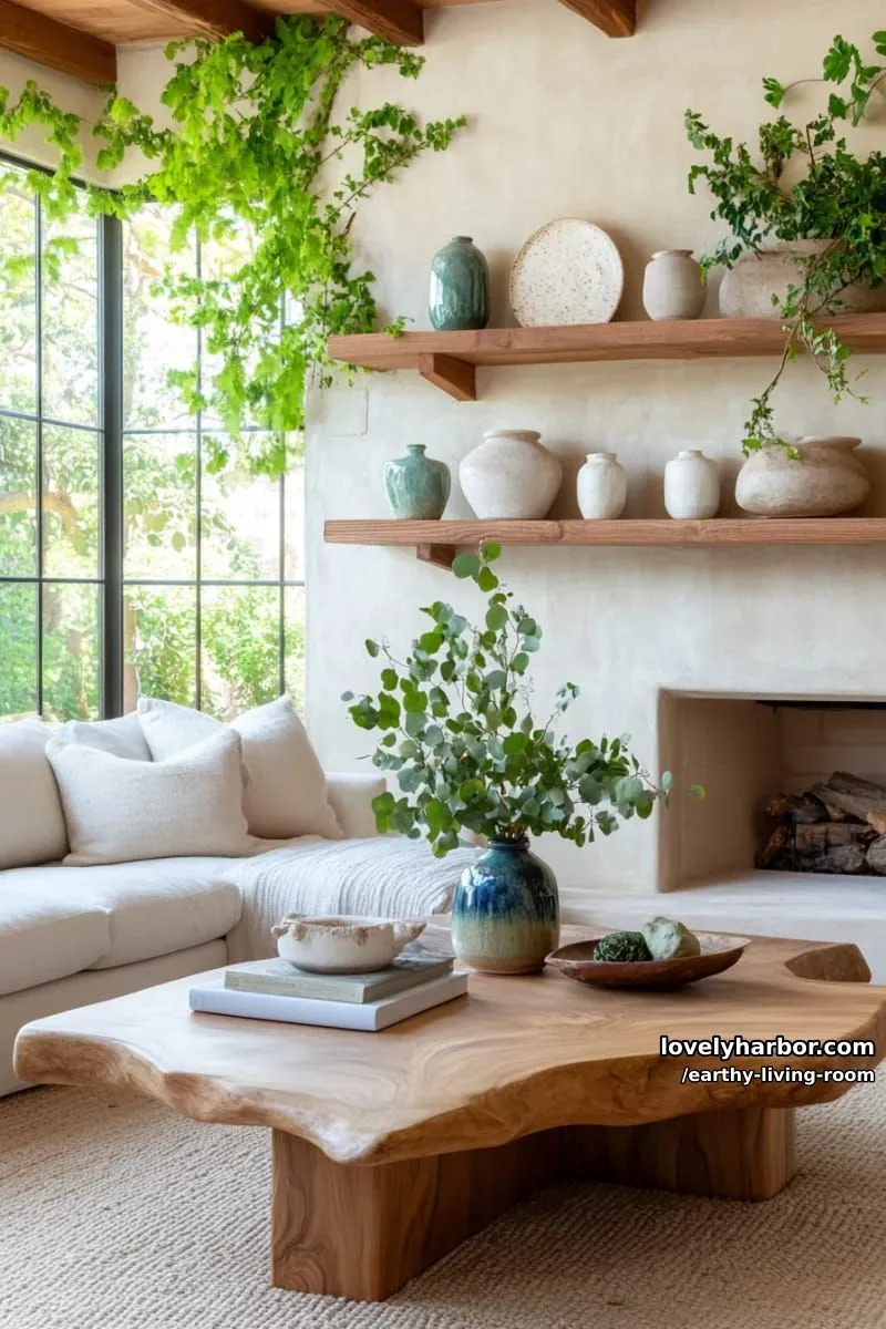 Bring Nature Indoors: 15 Earthy Living Room Designs to Inspire 34 driftwood mantle decorated with glazed ceramics and wild greenery 1