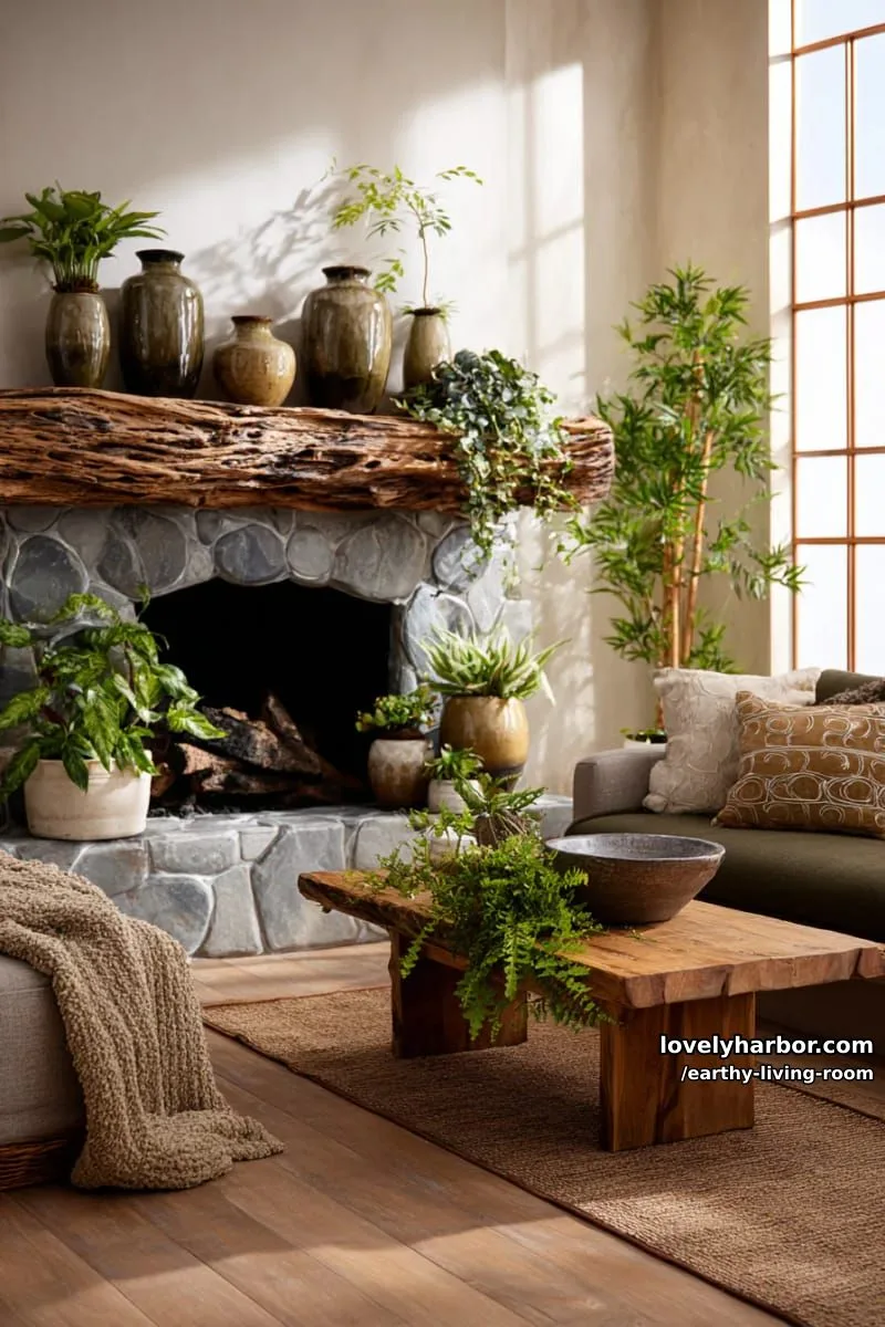 Bring Nature Indoors: 15 Earthy Living Room Designs to Inspire 35 driftwood mantle decorated with glazed ceramics and wild greenery 1