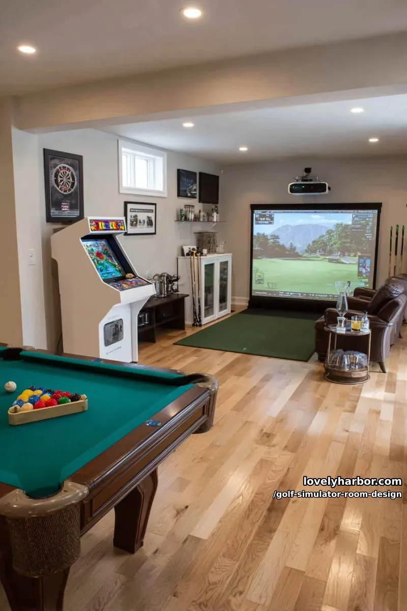15 Chic Golf Simulator Room Designs to Help Update Your Space! 24 dual-purpose games room combining golf simulator, pool table, and arcade cabinet 1