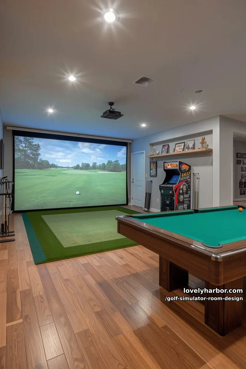 15 Chic Golf Simulator Room Designs to Help Update Your Space! 25 dual-purpose games room combining golf simulator, pool table, and arcade cabinet 1