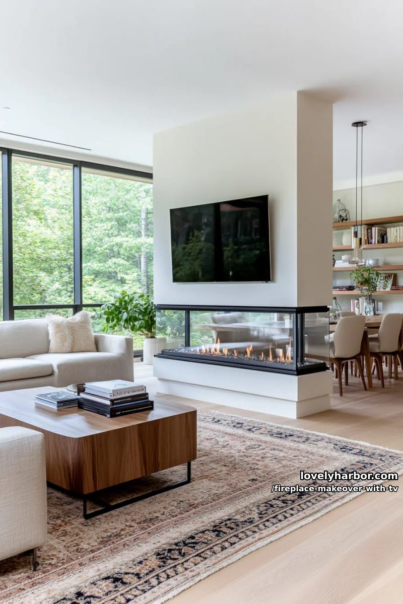15 Elegant Ideas for Fireplace Makeover with TV 15 dual-sided glass fireplace under tv dividing open living and dining rooms 1