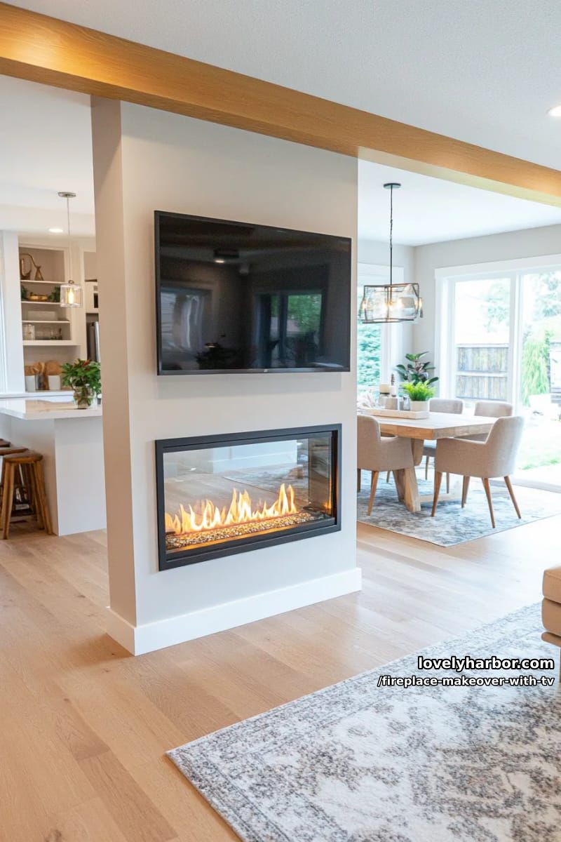 15 Elegant Ideas for Fireplace Makeover with TV 16 dual-sided glass fireplace under tv dividing open living and dining rooms 1