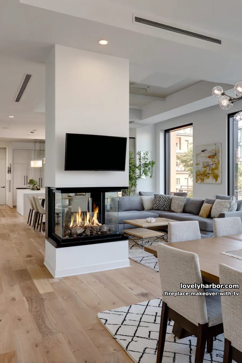 15 Elegant Ideas for Fireplace Makeover with TV 17 dual-sided glass fireplace under tv dividing open living and dining rooms 1