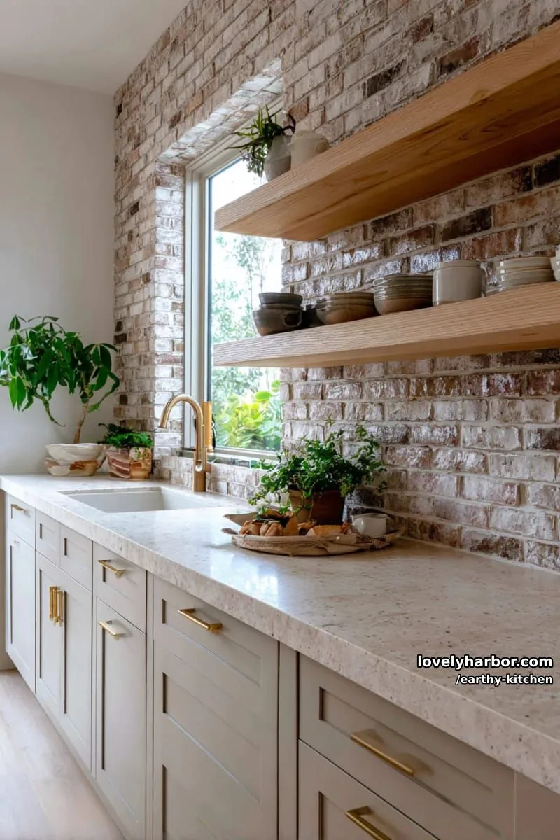 earth tone backsplash featuring textured clay tiles and floating oak shelves 1