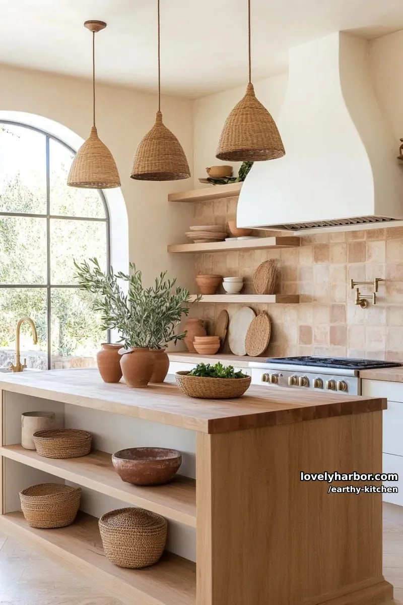 earth tone backsplash featuring textured clay tiles and floating oak shelves 1