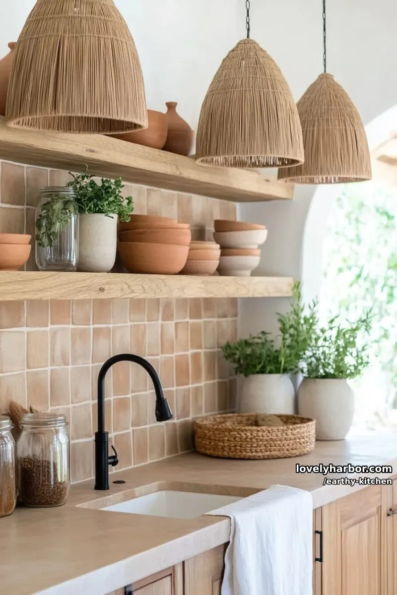 earth tone backsplash featuring textured clay tiles and floating oak shelves 1
