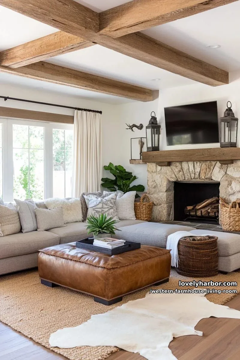 earth-toned oversized sectional arranged around a stone fireplace 1