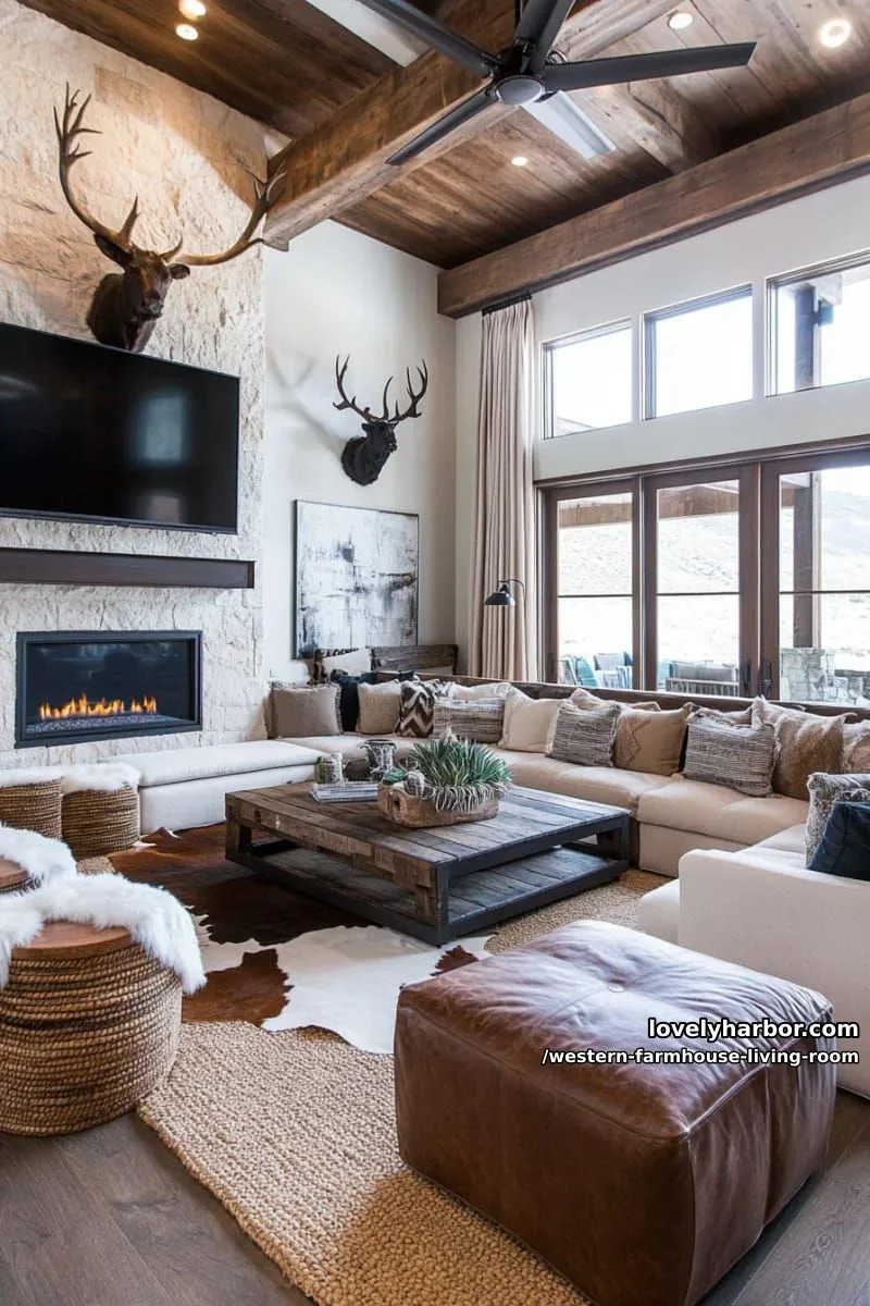earth-toned oversized sectional arranged around a stone fireplace 1