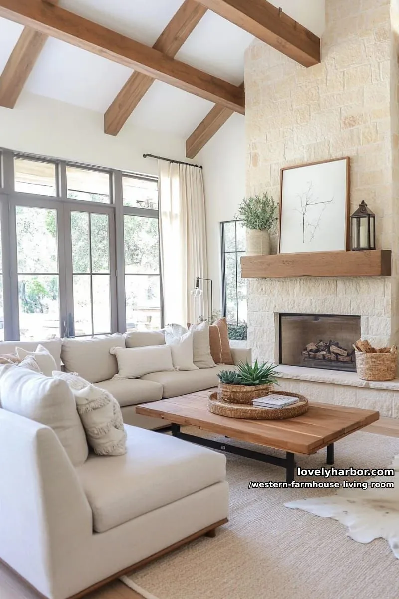 earth-toned oversized sectional arranged around a stone fireplace 1