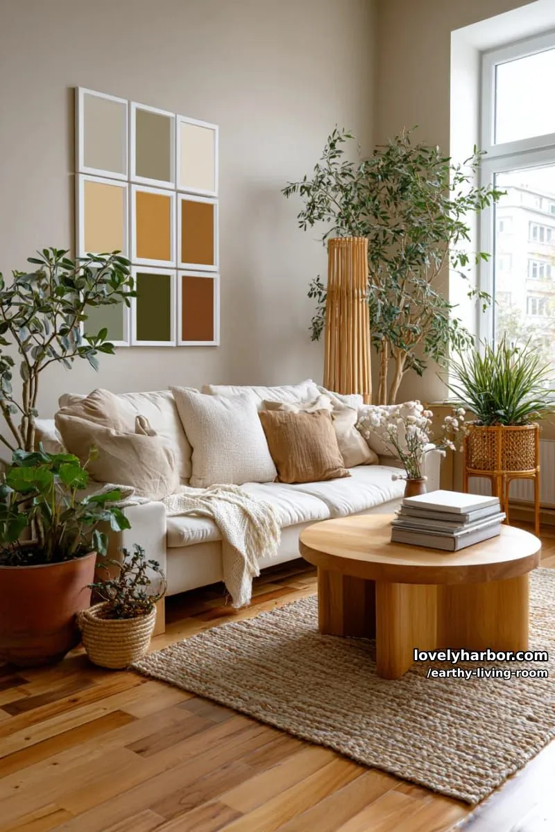 Bring Nature Indoors: 15 Earthy Living Room Designs to Inspire 27 earthy palette paint swatches displayed as wall art inspiration 1