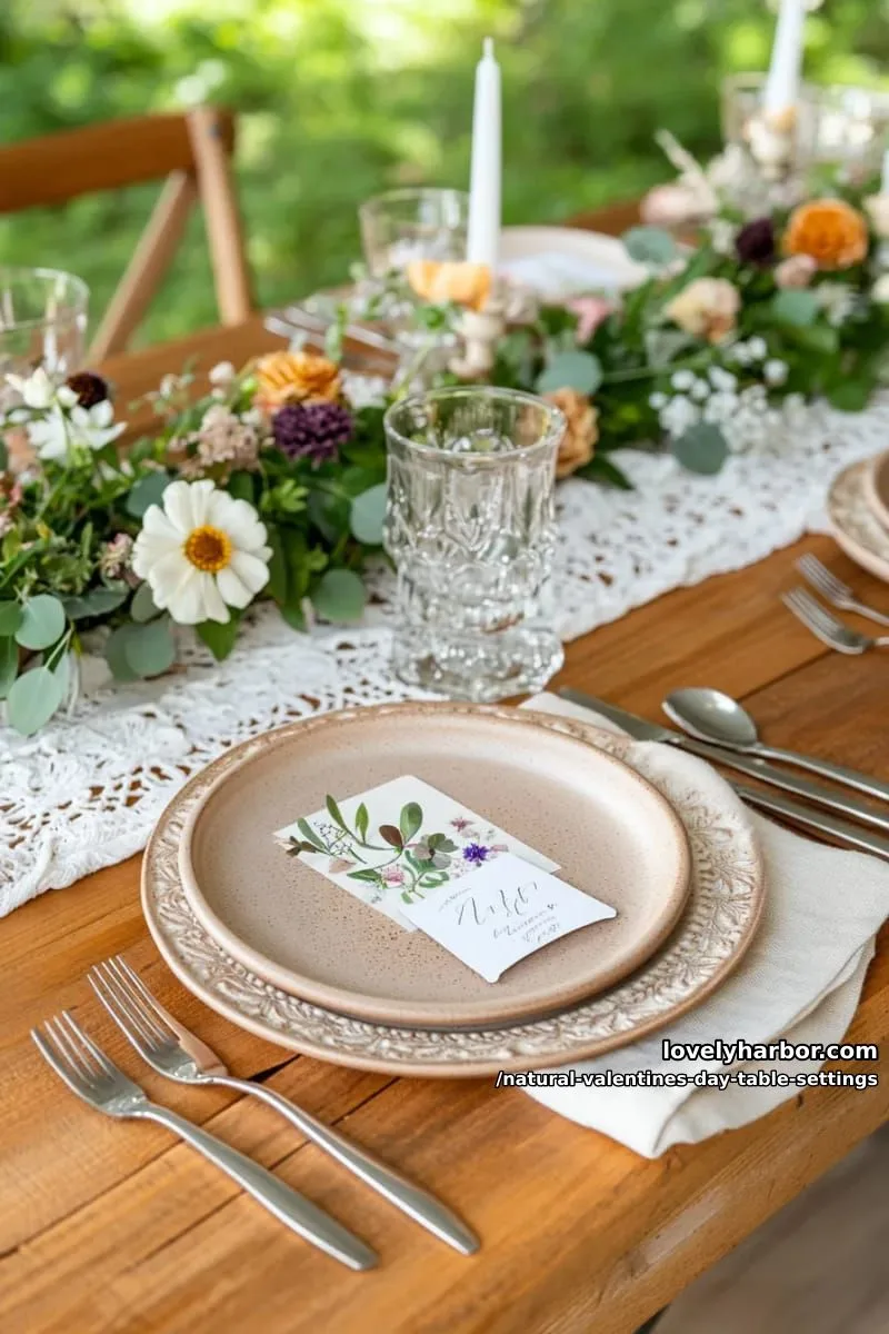 15 Natural Valentine’s Day Table Settings Perfect for a Romantic Table for Two 18 earthy pottery plates paired with vintage silverware and pressed flower place cards 1