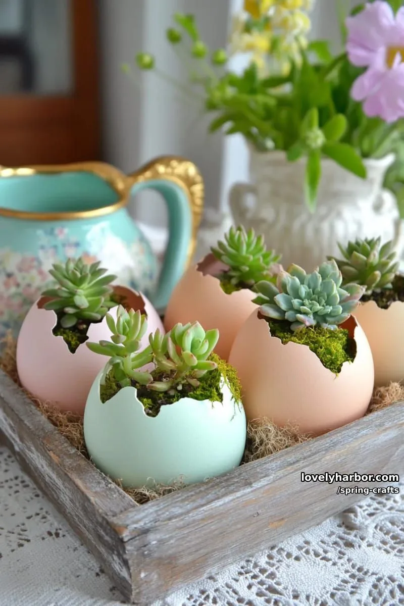 eggshell succulent planters arranged in a rustic wooden tray centerpiece 1
