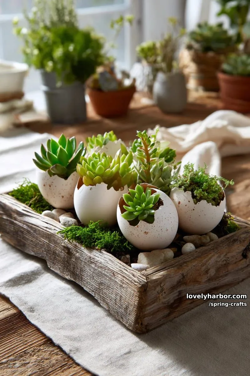 eggshell succulent planters arranged in a rustic wooden tray centerpiece 1