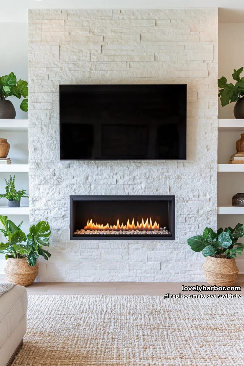 15 Elegant Ideas for Fireplace Makeover with TV 38 electric linear fireplace and tv on a textured plaster wall 1
