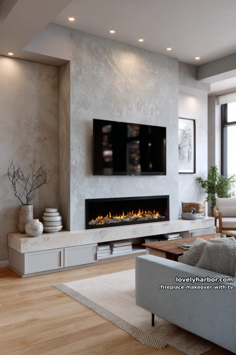 15 Elegant Ideas for Fireplace Makeover with TV 40 electric linear fireplace and tv on a textured plaster wall 1