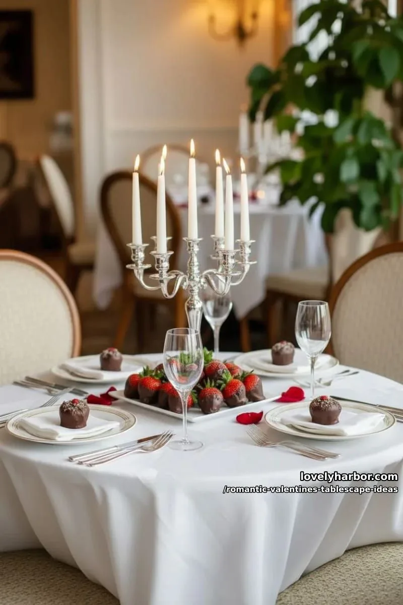 elegant candelabra centerpiece surrounded by strawberries dipped in chocolate 1