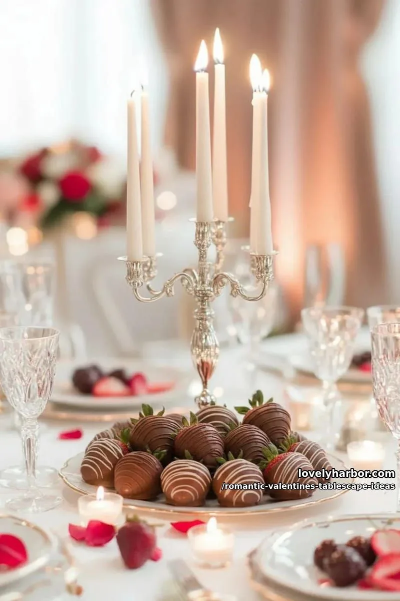 elegant candelabra centerpiece surrounded by strawberries dipped in chocolate 1