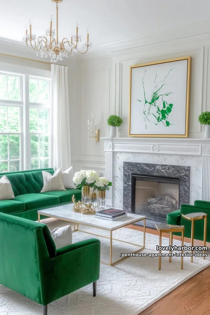29 Stunning Penthouse Apartment Interior Design Ideas for a Fresh New Look 5 elegant marble fireplace surrounded by plush velvet lounge seating 1