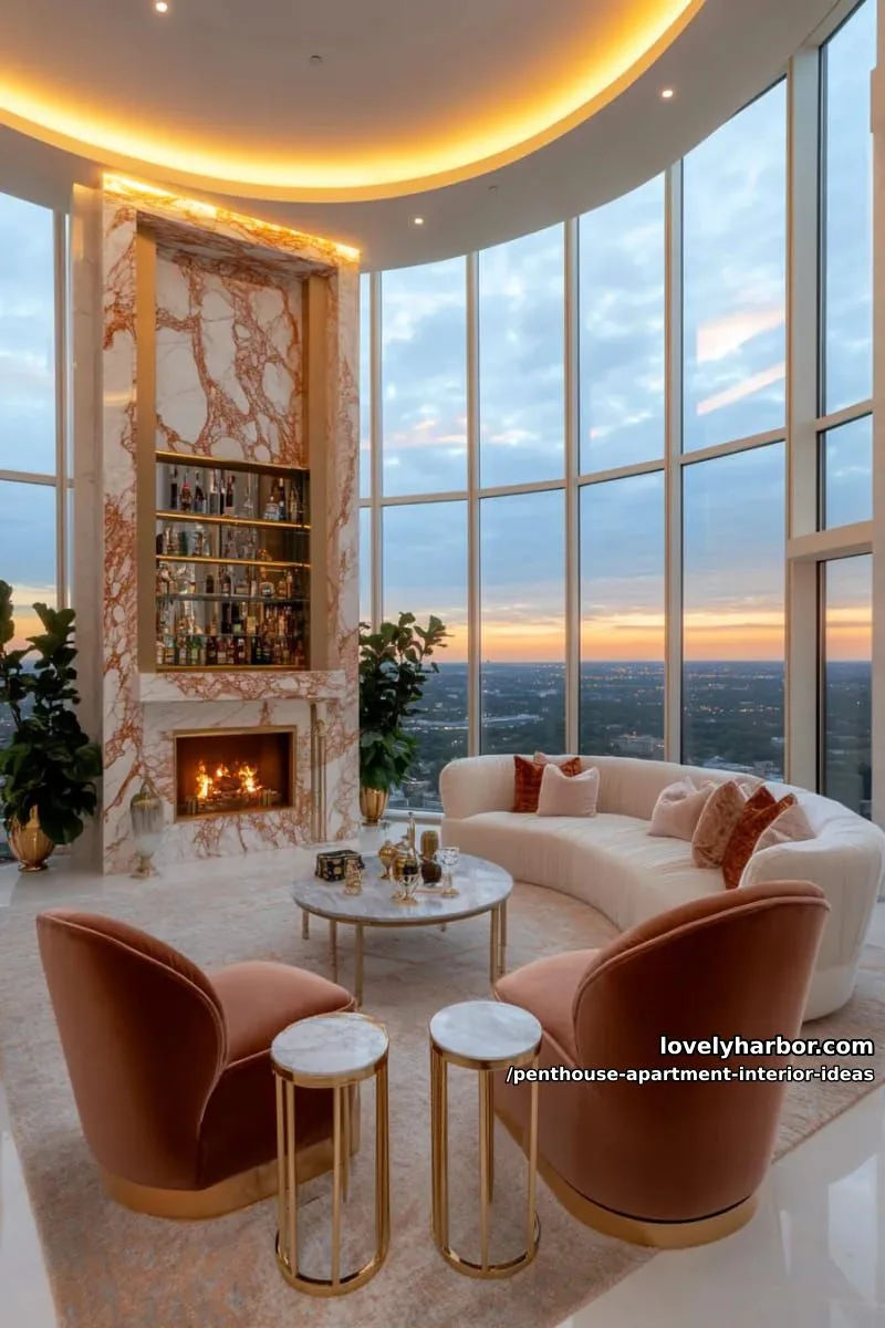 29 Stunning Penthouse Apartment Interior Design Ideas for a Fresh New Look 6 elegant marble fireplace surrounded by plush velvet lounge seating 1
