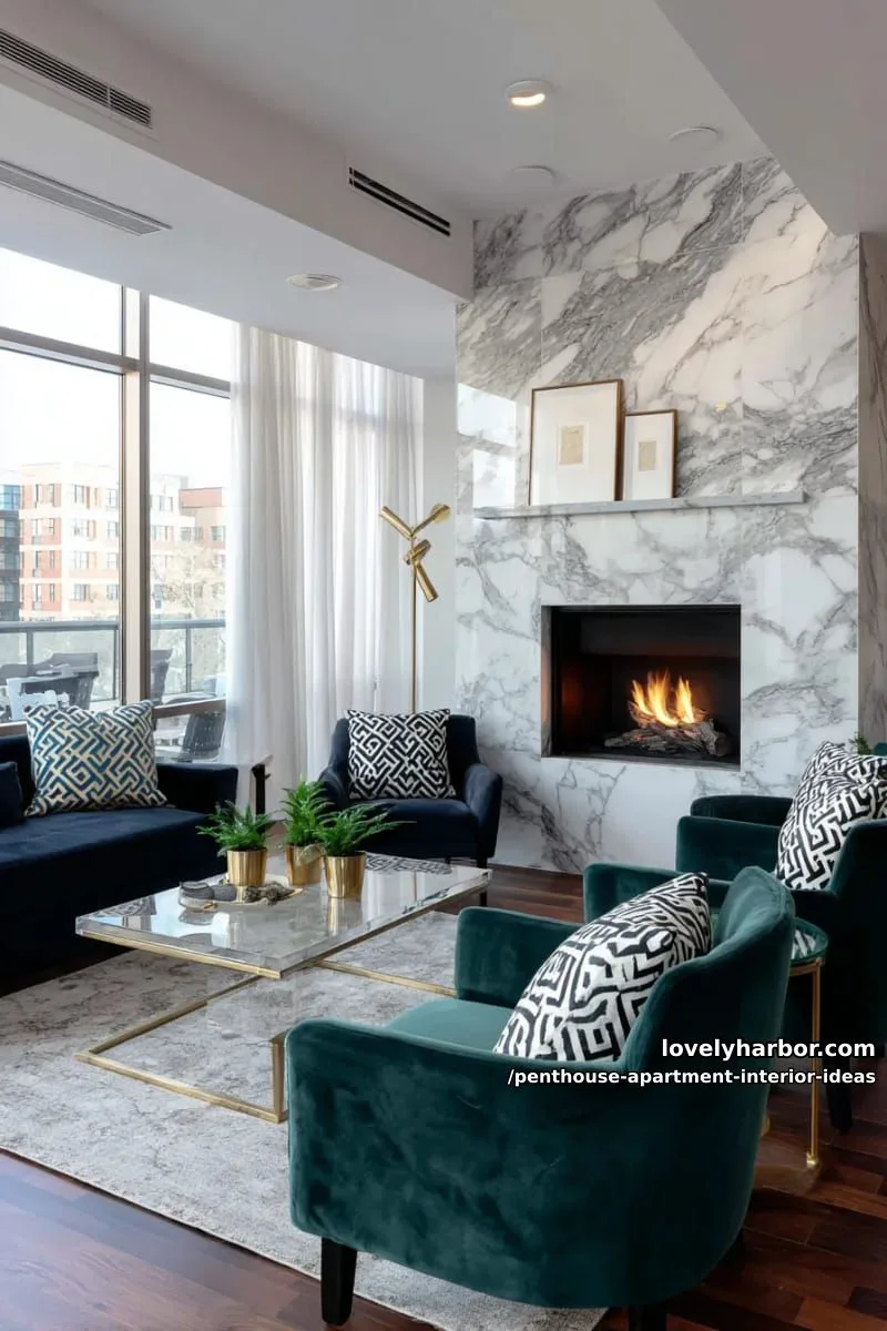 29 Stunning Penthouse Apartment Interior Design Ideas for a Fresh New Look 7 elegant marble fireplace surrounded by plush velvet lounge seating 1
