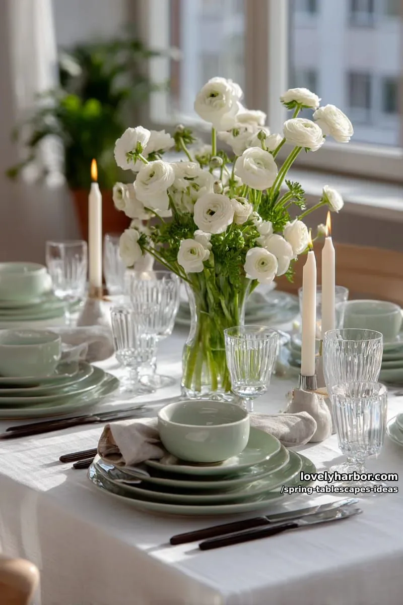 elegant sage and mint layered dishware with white ranunculus and candles 1