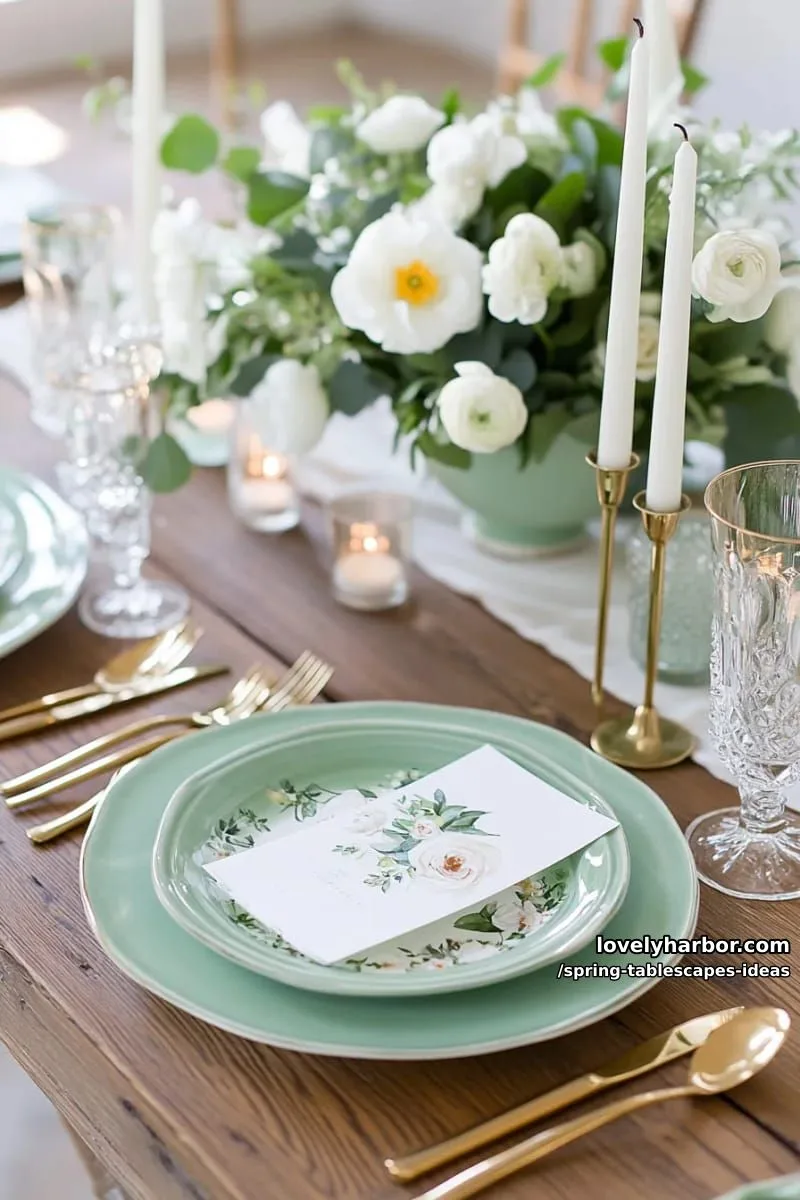 elegant sage and mint layered dishware with white ranunculus and candles 1