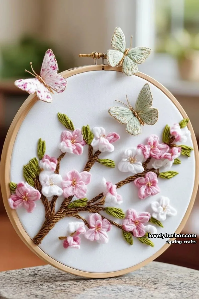 embroidery hoop art featuring 3d fabric butterflies and blooming branches 1