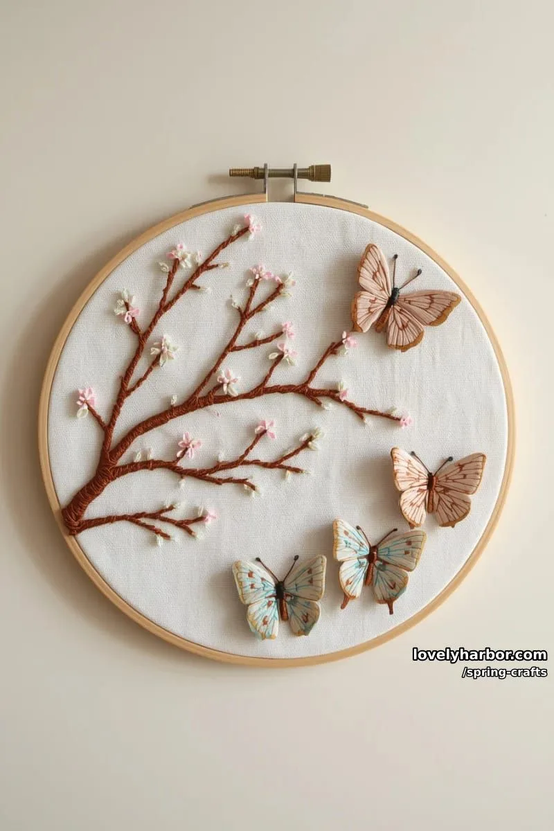 embroidery hoop art featuring 3d fabric butterflies and blooming branches 1