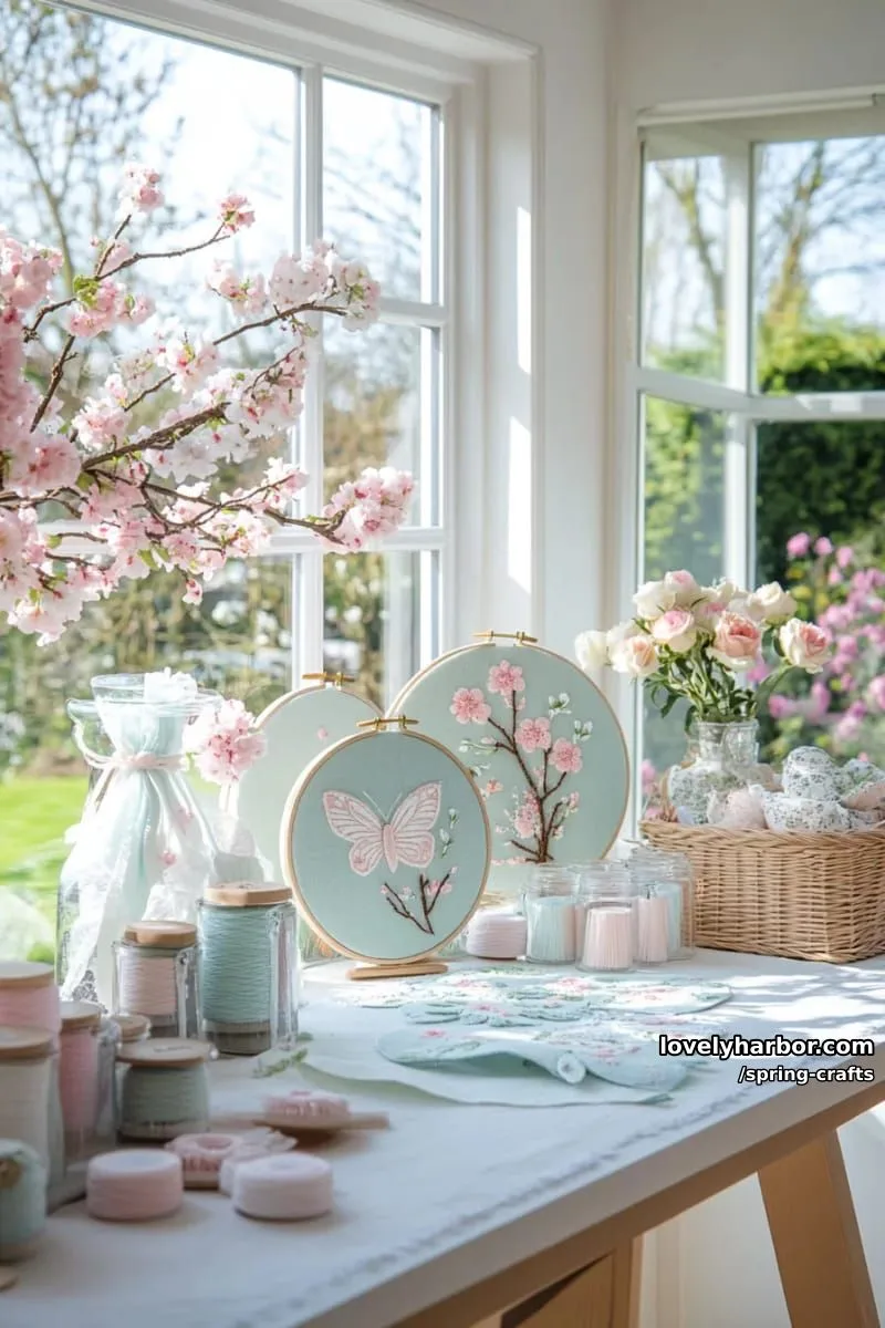 embroidery hoop art featuring 3d fabric butterflies and blooming branches 1
