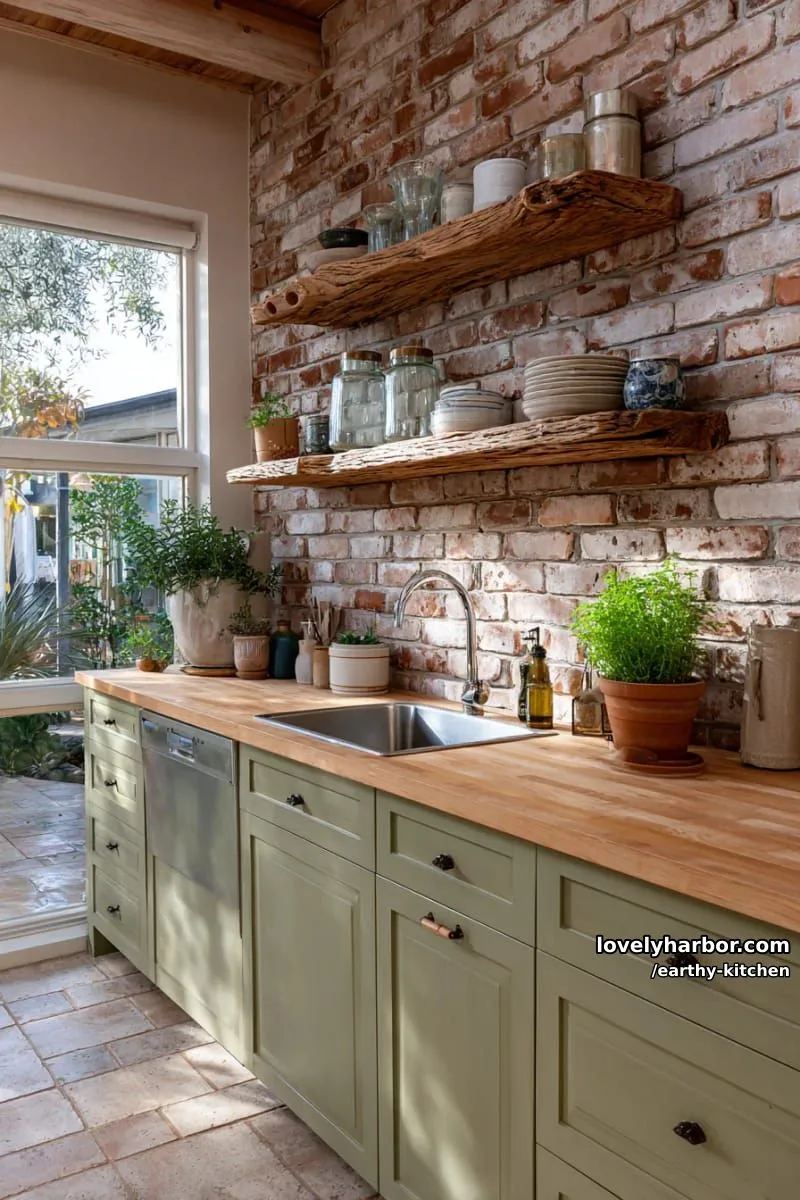 exposed brick accent wall with reclaimed wood floating shelves 1