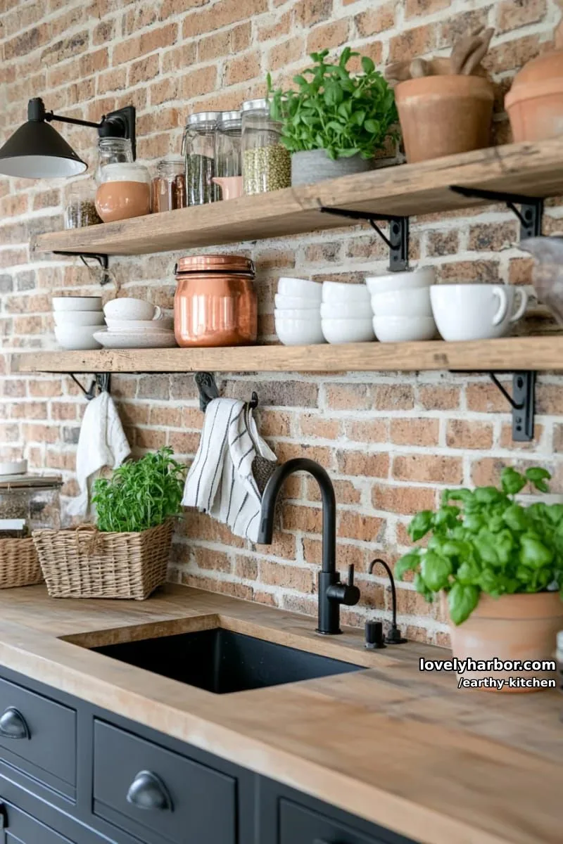 exposed brick accent wall with reclaimed wood floating shelves 1
