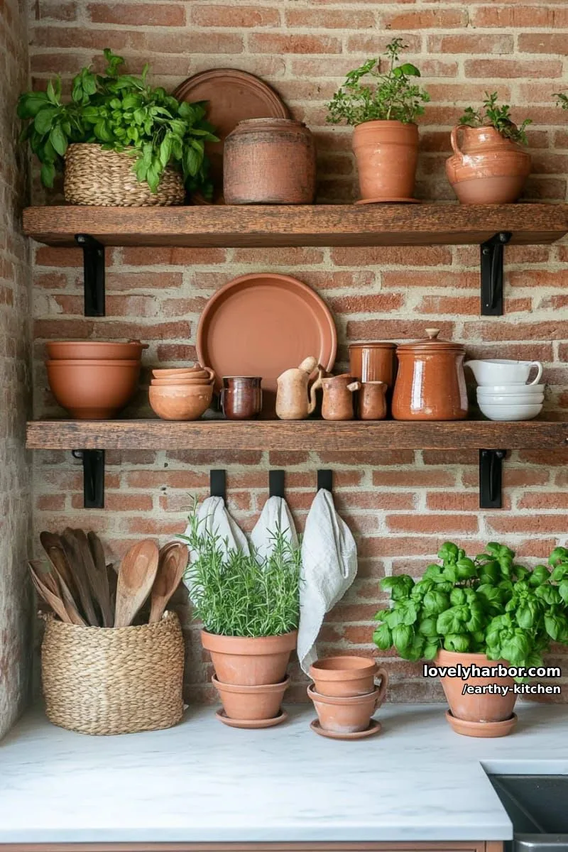 exposed brick accent wall with reclaimed wood floating shelves 1