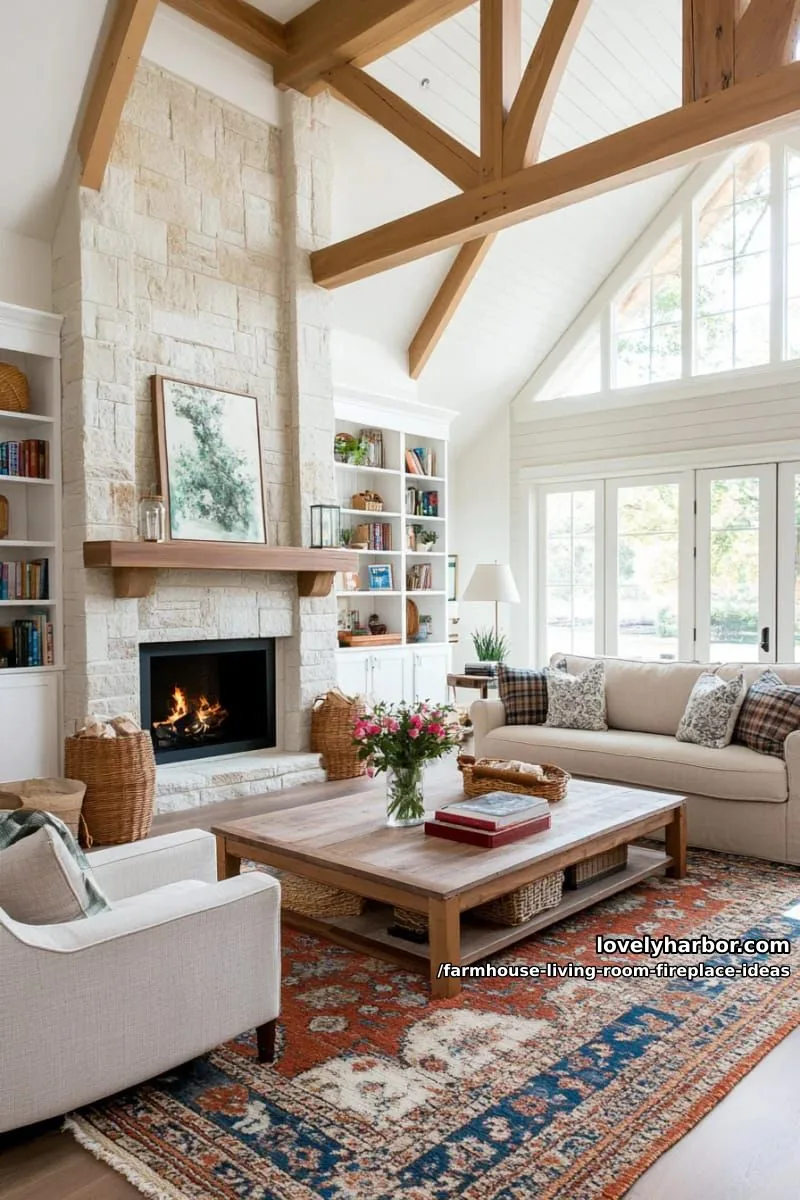exposed rustic stone fireplace surrounded by built-in farmhouse bookcases 1
