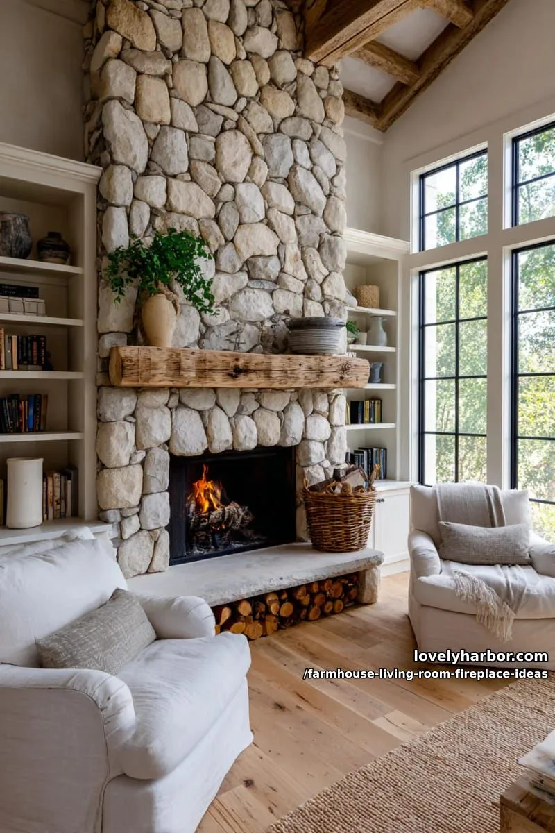 exposed rustic stone fireplace surrounded by built-in farmhouse bookcases 1