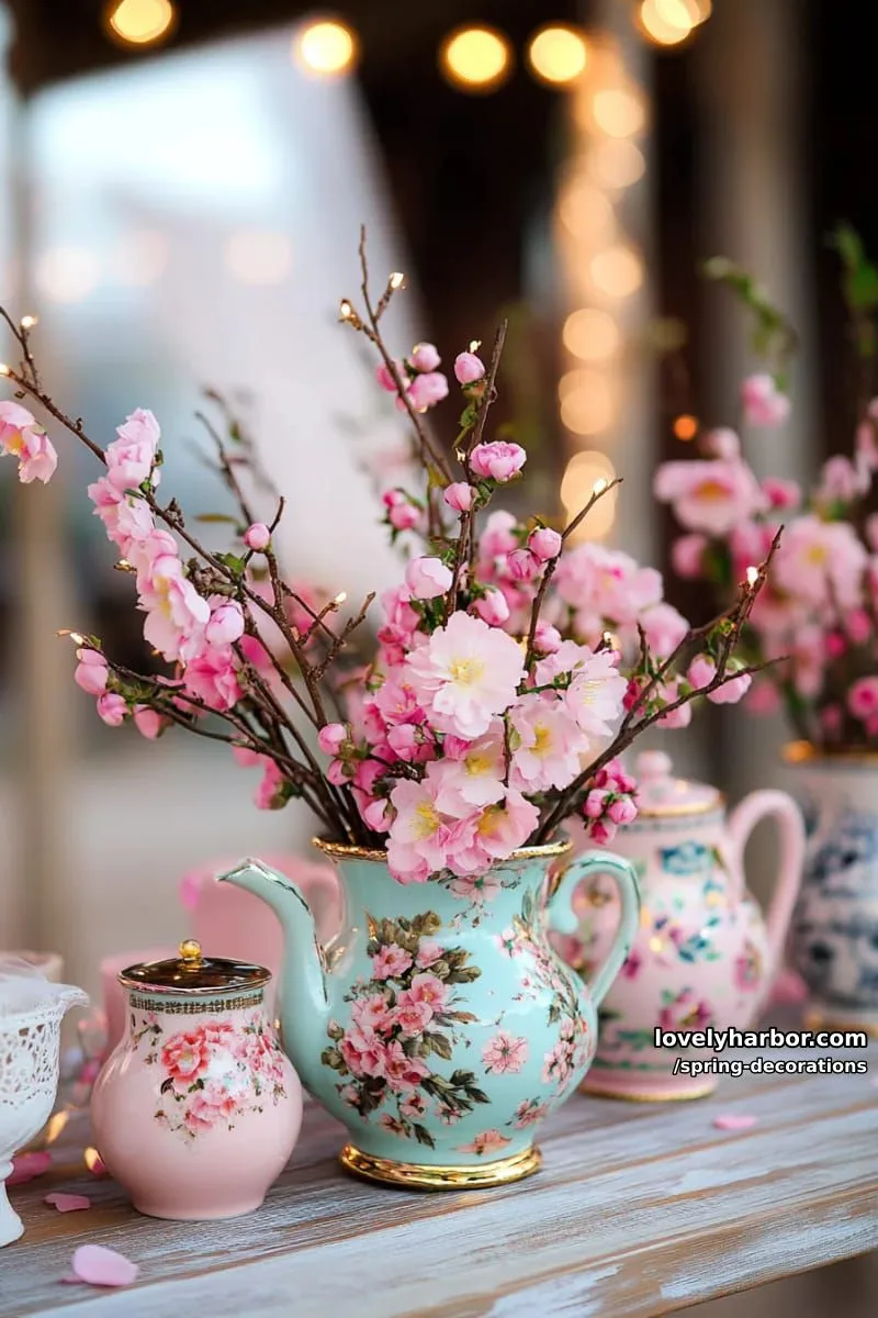 fairy-lit cherry blossom branches arranged in vintage teapots 1