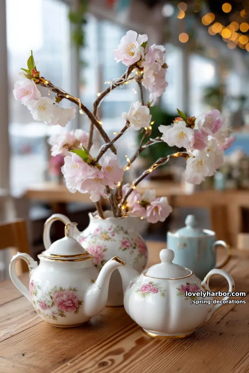 fairy-lit cherry blossom branches arranged in vintage teapots 1